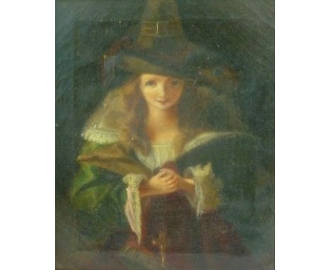 19th century British, portrait of a 17th century lady in a tall hat holding a rosary, oil on canvas,  unsigned, 28cm x 23.5cm