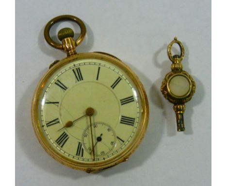 A late 19th century Continental 14K gold cased keyless pocket watch, the white enamel dial with Roman numerals and subsidary 