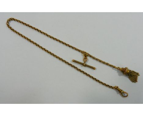 A Victorian gold watch chain, with tassel end and 'T' bar, unmarked, 39cm long, 15.6g CONDITION REPORT: Four of the tassels a