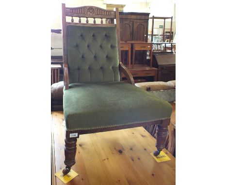 An Edwardian Mahogany armchair and lady's chair with green button back draylon upholstery