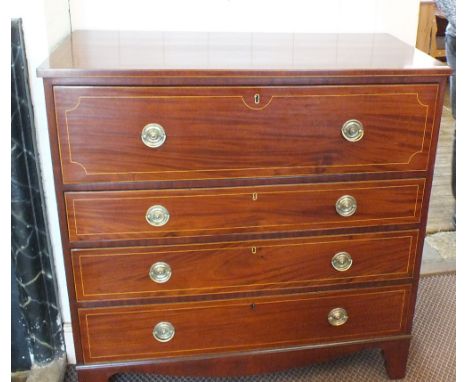 A 19th Century inlaid Mahogany secretaire chest of three long drawers on bracket feet