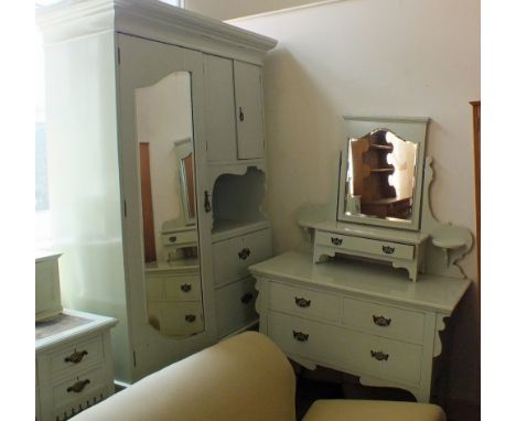 A Victorian light green painted combination wardrobe and dressing table