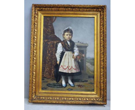 E or F Batut? (possibly French 19thc), large portrait of a Young Portuguese Girl in Traditional Dress, signed oil on canvas i