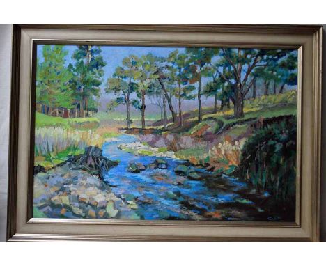 Lesley Gore, Spring Light in Bowland, oil on canvas laid onto board, signed Gore, titled verso, 59cm by 89cm. Exhibited at Fa