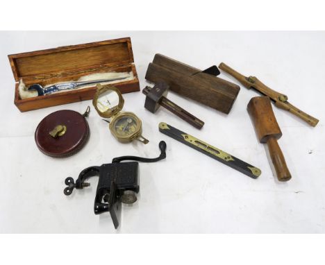 A nice collection of vintage tools, comprising an ebony and brass-mounted spirit level by Bennet B. Burley, Glasgow, mortice 