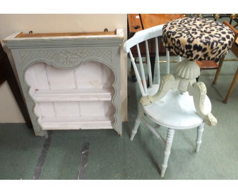 A Victorian painted tripod piano stool, painted rail back chair and open wall shelf (3) Condition Report:Available upon reque