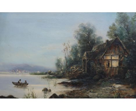 R VICKESÊShepherd and flock on a trackÊ and figures in a rowing boat before a mill, signed, oil on canvas, 25 x 38cm (2) Cond