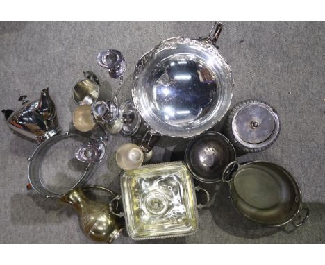 A collection of EPNS including a twin handled rose bowl, with pierced openwork rim, candelabra, goblets, teapots, brassware e
