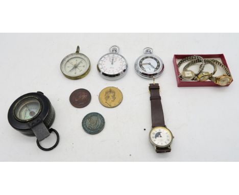 A mixed lot, comprising a WW2-era military compass, a civilian example, an Ingersoll pocket watch, Smiths 1/10th second stopw