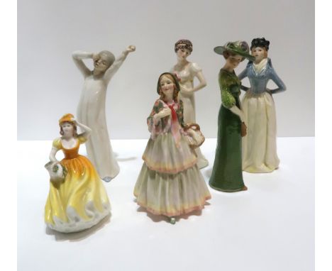 A Royal Doulton figure Clemency in green and pink colourway, a Coalport figure Eloise, a Nao figure and three Goebel figures 