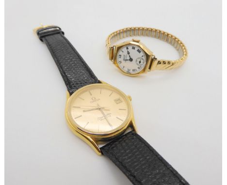 A gold plated Omega Seamaster quartz, together with a 9ct gold ladies vintage Tissot watch with gold plated strap, weight wit