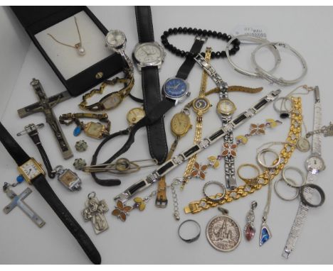 A collection of vintage watches to include Ruhla, Thales, Smiths Empire etc, costume jewellery and holy medals and other item