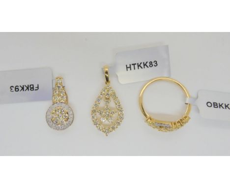 Three 9ct gold yellow and white diamond items, to include a flower ring, size Q, and similar pendant with Certificate and a f