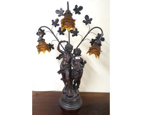 A 20th century spelter figural table lamp with three floral moulded glass shades, 84cm high Condition Report:Available upon r