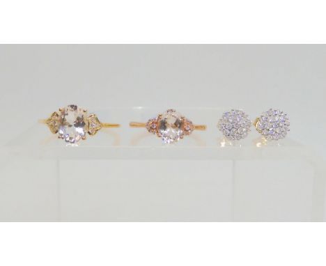 Two Gems TV morganite and pink diamond rings, 9ct yellow gold ring, size Q, 9ct rose gold ring L1/2, together with a pair of 