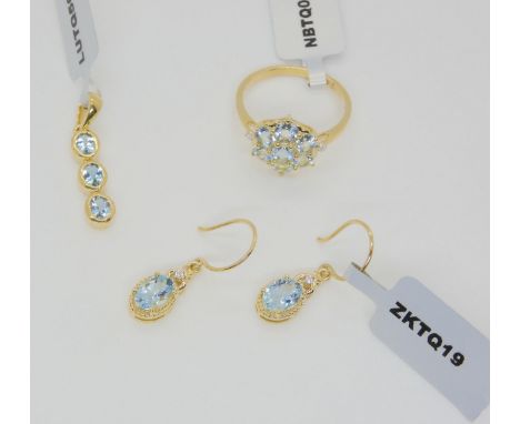 Three 9ct GemsTV items set with aquamarine, a flower ring, size Q, a triple drop pendant, length 2.6cm and a pair of earrings