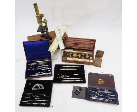 A lacquered brass microscope in pine fitted case, cased Sikes Hydrometer by J. McGlashan &amp; Co., Albany Works, Glasgow, va
