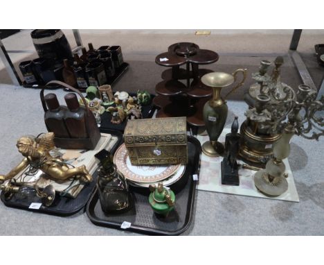 Franklin Porcelain Woodland Surprises animal figures, wooden stand, a cherub light, onyx candelabra, brass casket etc Conditi
