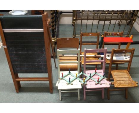 A mixed lot to include small A frame chalk board, six folding child's chairs, novelty child's shelf and two novelty coat rack