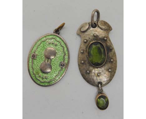 A continental silver Murrle Bennett pendant set with green glass gems, length with bail 5cm, together with a white metal ligh