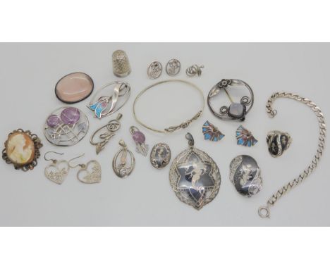 A collection of silver and white metal items to include A Charles Horner Dorcus thimble,Ê enamelled items and a suite of Siam