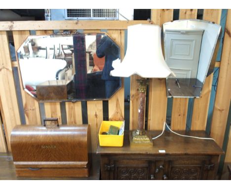 A mixed lot to include cased Singer sewing machine, brass and marble based table lamp and two wall mirrors (4) Condition Repo