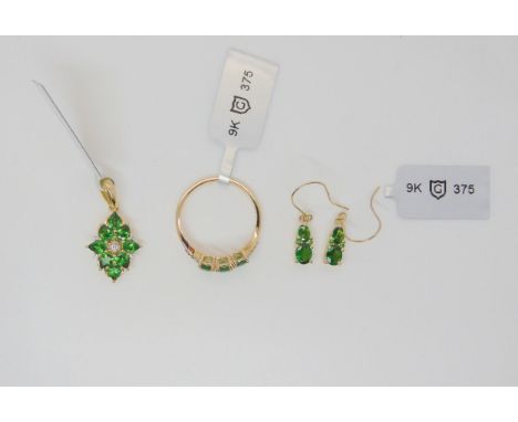 A 9ct gold GemsTV tsavorite garnet and diamond ring, size Q, together with similar earrings and a pendant, all with Gemporia 