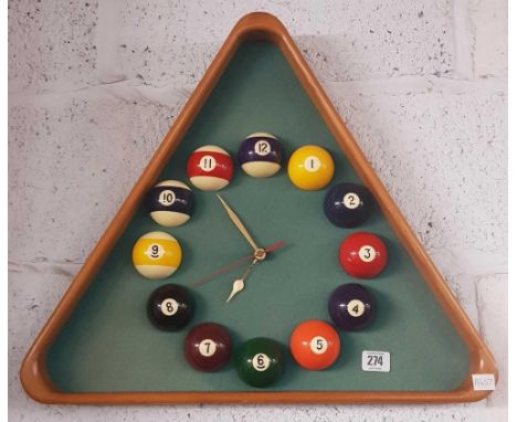 A NOVELTY POOL TABLE CLOCK WITH SURROUNDING TRIANGLE &amp; 2 NOVELTY F/G DOG PLAYING POOL PICTURES