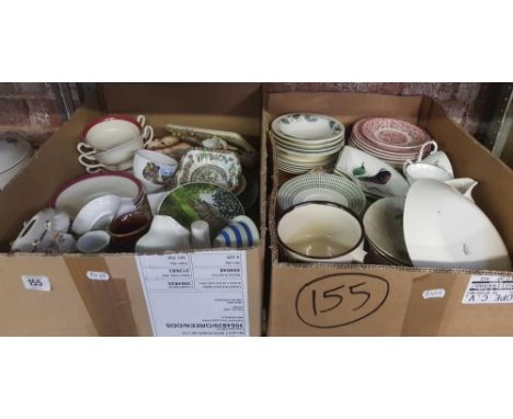 2 CARTONS OF MIXED CHINA INCL: ROYAL DOULTON DUKE OF YORK MAROON SCALLOPED SOUP BOWLS &amp; SAUCERS, TELEPHONE MONEY BOX, PLA