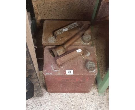 2 VINTAGE PETROL CANS, 1 SHELL MEX BP &amp; SHELL MOTOR SPIRIT WITH COPPER BRASS SPOUT 