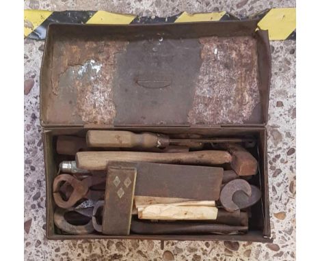 SMALL BLACK TIN TOOL BOX WITH QTY OF OLD HAND TOOLS