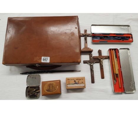 SMALL ATTACHÉ WRITING CASE WITH CRUCIFIXES, INK PEN CARTRIDGES &amp; TRINKET BOXES