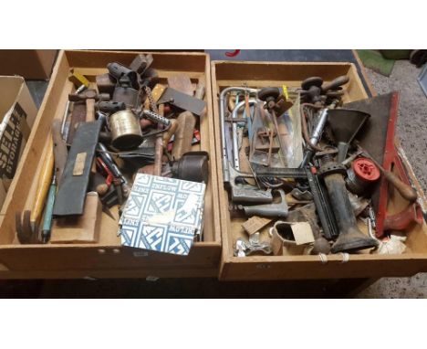 2 WOODEN CARTONS WITH LARGE QTY OF TOOLS INCL: BLOW LAMPS, HAMMERS, SCREW JACK, HACK SAWS &amp; BLADES, TOW HITCH BALL &amp; 