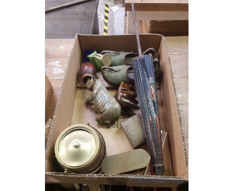 CARTON WITH PARASOL, WOOD &amp; METAL BISCUIT BARREL, PAIR OF ORIENTAL SANDLES, VINTAGE POSTAGE SCALE &amp; OTHER BRIC-A-BRAC