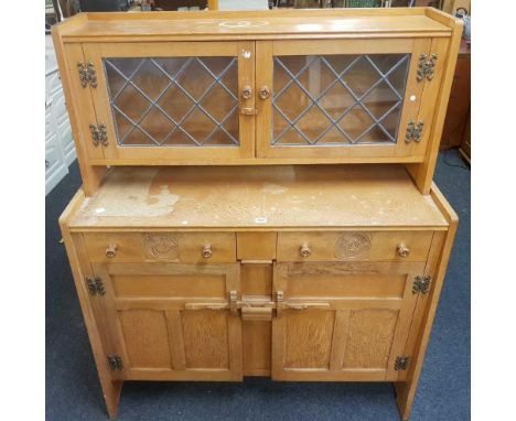 LIGHT OAK WEBBER FURNITURE LEADED GLASS KITCHEN DRESSER