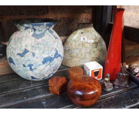 SHELF WITH PAPER MACHE URN, STONE EFFECT VASE, BURR WOOD TRINKET BOXES, 2 BUDDHA'S, RED VASE &amp; GUINESS ASHTRAY 