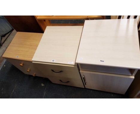 1 MODERN 2 DRAWER FILING CABINET IN WOOD, A 3 DRAWER BEDSIDE CABINET &amp; 1 OTHER WITH SHELF