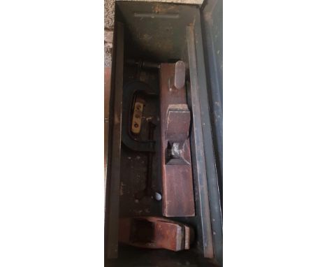 BLACK PAINTED METAL TOOL BOX WITH 2 WOOD BLOCK PLANES &amp; OTHER TOOLS