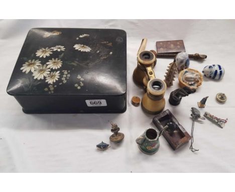 BLACK LACQUER TRINKET BOX CONTAINING VINTAGE OPERA GLASSES, THE HAND OF FRIENDSHIP &amp; OTHER BRIC-A-BRAC