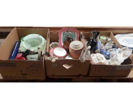 3 CARTONS OF GLASS &amp; CHINA INCL: BLUE GLASS ROLLING PIN, LIGHT GREEN LIGHTING FIXTURE, CUPS &amp; SAUCERS, CHEESE DISHES,