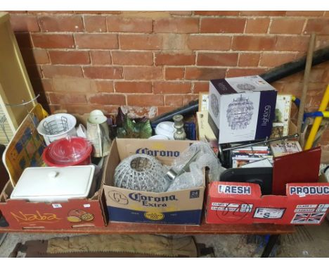 4 CARTONS OF MIXED BRIC-A-BRAC INCL: DVD'S, CD'S, CLOCKS KTC, LIGHT FITTINGS &amp; LEAF DISHES