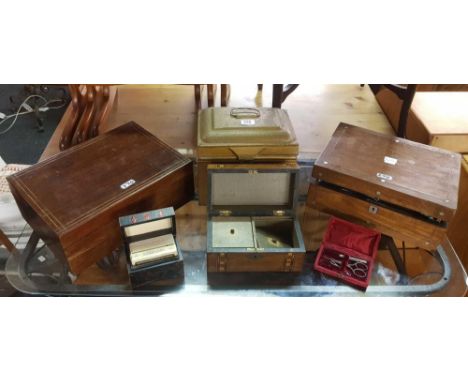 MAHOGANY WRITING SLOPES, TEA CADDY, PLAYING CARD BOX ETC