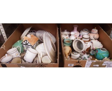 2 CARTONS OF MIXED CHINAWARE, SALT JARS, VASES, PLATES, SEA SHELLS &amp; CERAMIC POSIES 
