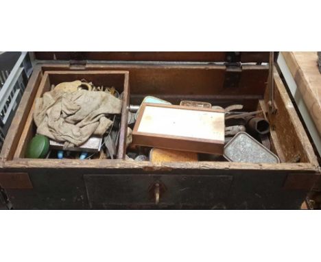 A WOOD AIR MINISTRY DATED BOX 1941 CONTAINING MISC ENGINEERS TOOLS INCL: CALIPERS, GAUGES, DRILLS, BOX SPANNER, HAMMERS &amp;