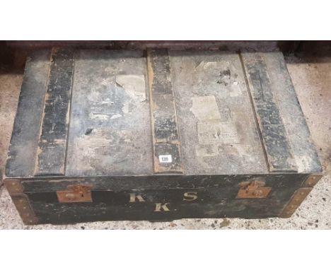 WOODEN TRAVEL TRUNK OR TOOL CHEST WITH SIDE HANDLES