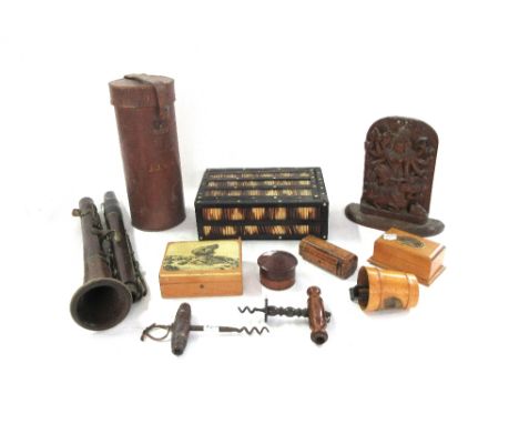 A rosewood and nickel plated three piece clarinet, by Chappell, together with a porcupine quill box, an early 19th century wa