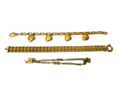 A 9ct gold oval link bracelet, fitted with four heart shaped charms, on a bolt ring clasp, a 9ct gold bracelet, in an interwo