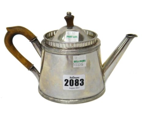 A Danish teapot of tapering oval form, the detachable lid with a wooden finial, the body with a wooden handle, the top decora