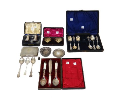 Silver, comprising; a set of six teaspoons, London 1872, with a case (the sugar tongs lacking), a pair of Victorian shaped sq