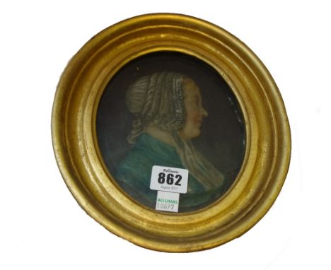 A wax relief portrait, 19th century, by M. Burch, depicting 'Mrs Jamieson the Art Critic', housed in an oval giltwood glazed 